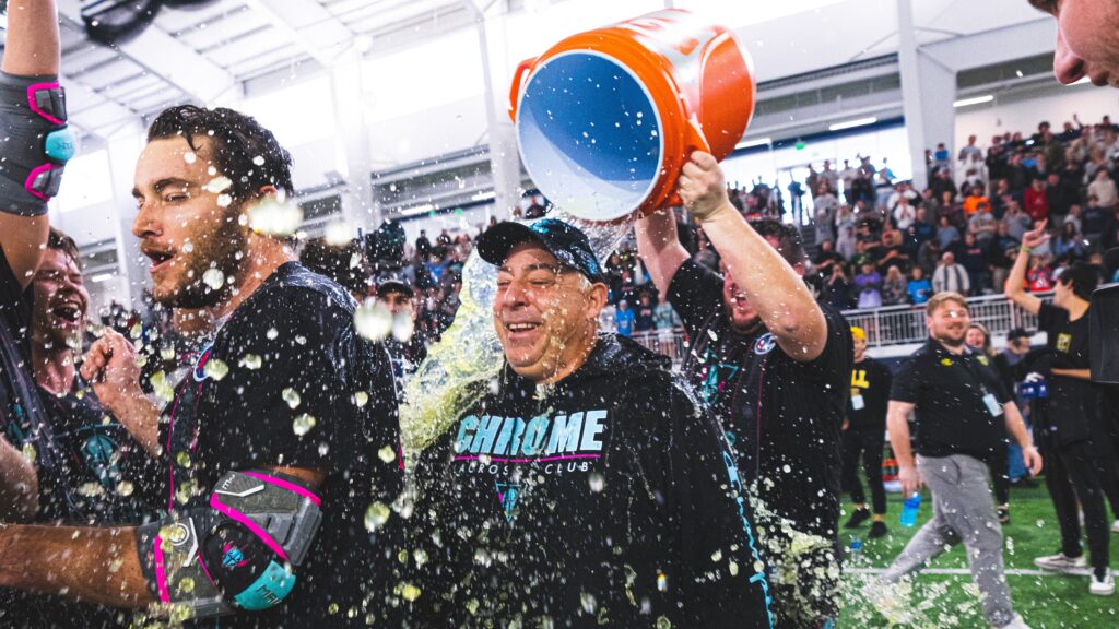 Chrome Lacrosse Club acting head coach Jacques Monte receives a Gatorade shower after winning the 2023 Championship Series