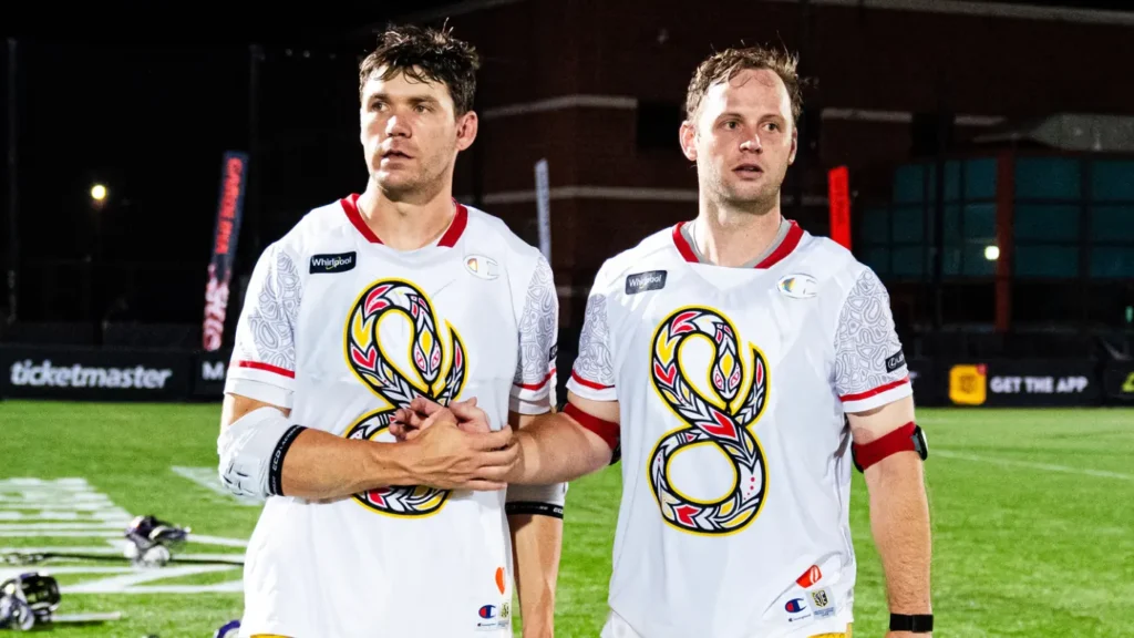 Maryland Whipsnakes defensemen Matt Dunn and Tim Muller